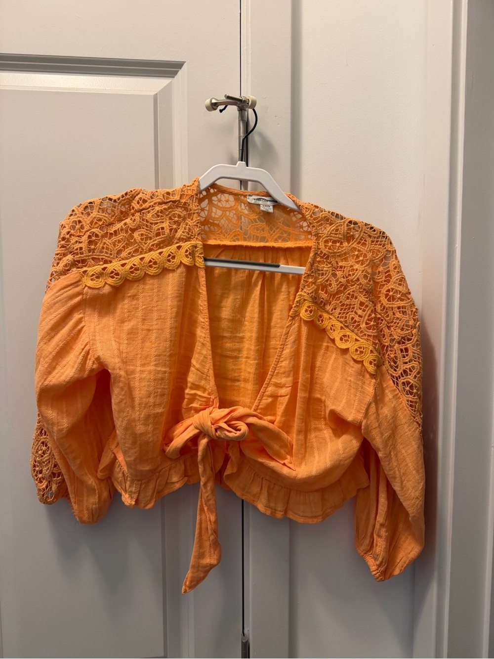 American Eagle Outfitters Peach-Orange Crochet Lace Tie-Front Top